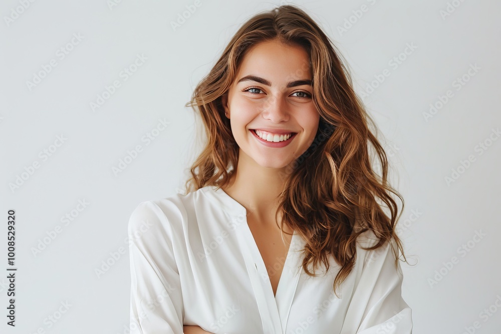 Young female model with a charming smile and crossed arms against a pure white backdrop , background blur Young female model with a charming smile and crossed arms against a pure white backdrop , background blur