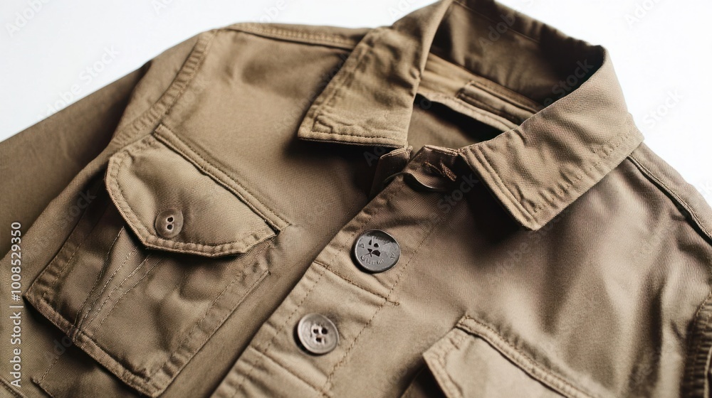A stylish women's utility jacket with pockets, isolated on a clean white backdrop, showcasing functional and trendy outdoor wear A stylish women's utility jacket with pockets, isolated on a clean white backdrop, showcasing functional and trendy outdoor wear