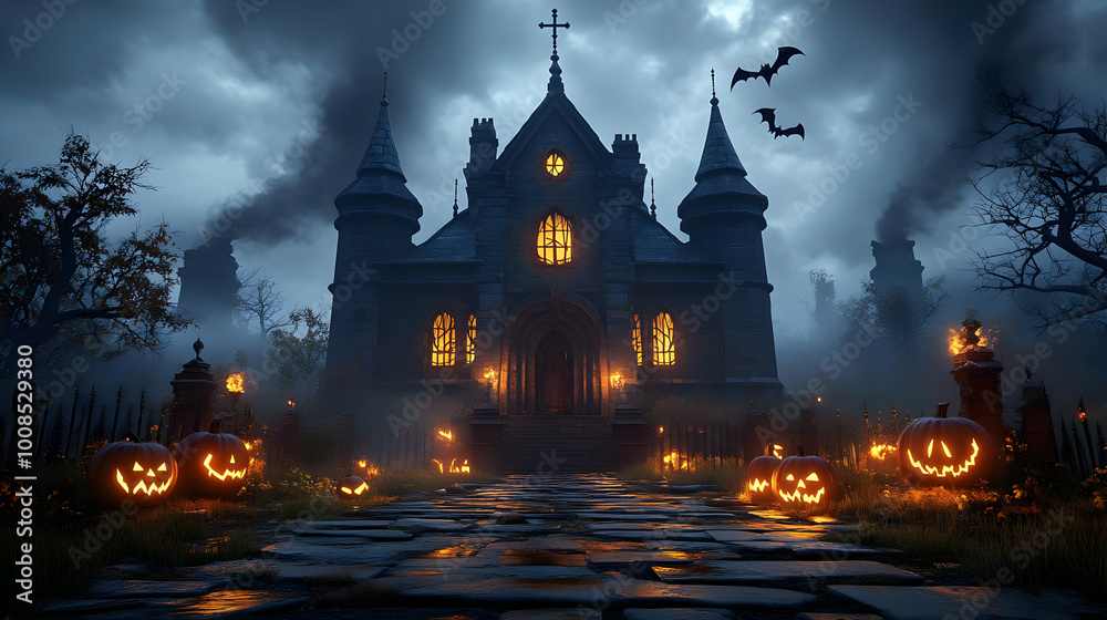 Spooky Gothic Church with Jack-o-Lanterns and Bats on a Foggy Halloween Night - A Haunting 3D Animation Spooky Gothic Church with Jack-o-Lanterns and Bats on a Foggy Halloween Night - A Haunting 3D Animation