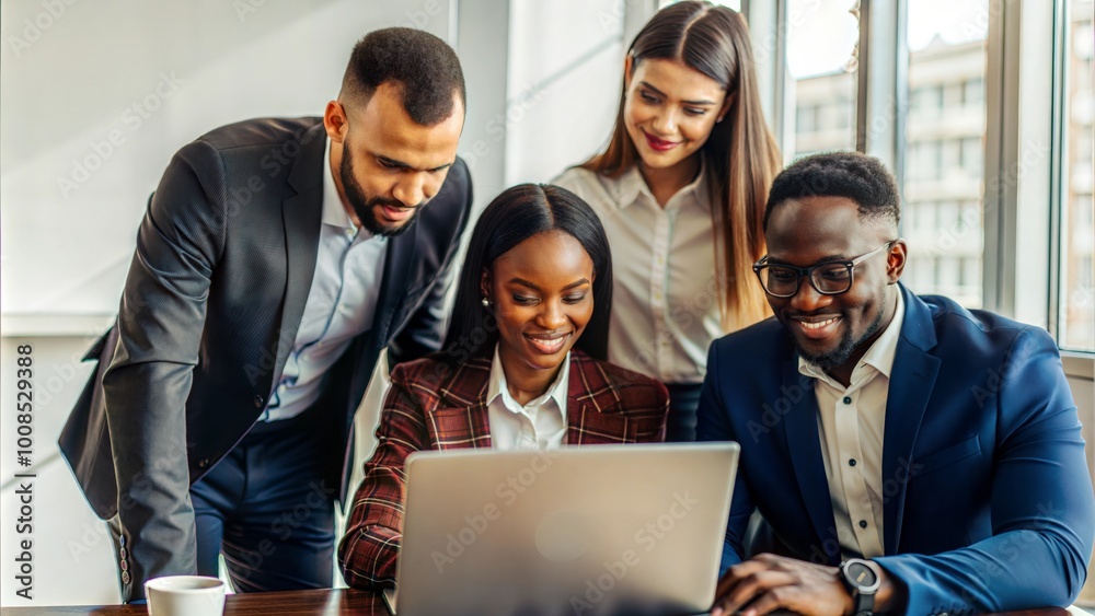 Obraz premium Office laptop, diversity and four businessperson reading online report, website design feedback or research project. Collaboration, staff mentor and team designer working on company homepage developm