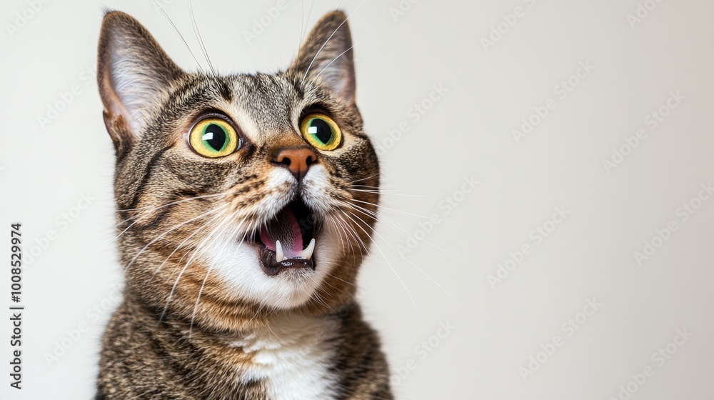 Surprised Tabby Cat with Mouth Open, Isolated on White Background. Funny Pet Emotions. Surprised Tabby Cat with Mouth Open, Isolated on White Background. Funny Pet Emotions.