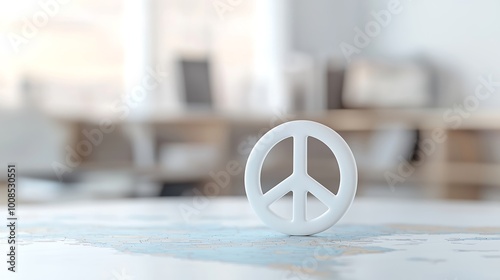 World map in soft focus with a white peace symbol overlay, ample copy space for text, high-end magazine photography, deep depth of field, Product photography with high resolution, studio lighting,