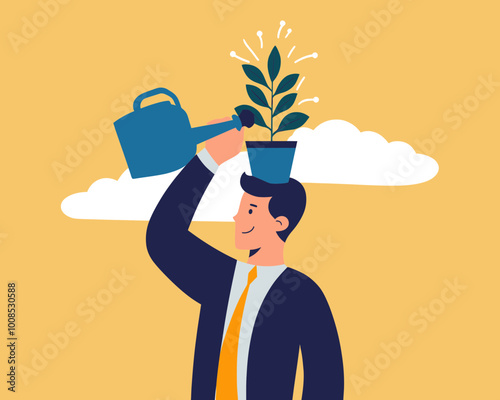 Businessman Cultivating Self Growth and Creativity, Minimalist Flat Vector for Growth Mindset, Positive Attitude and Learning New Skills in Business Problem Solving