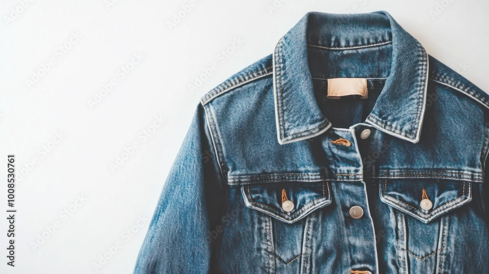 A trendy cropped denim jacket in light wash, laid flat on a bright white surface, showcasing contemporary casual style A trendy cropped denim jacket in light wash, laid flat on a bright white surface, showcasing contemporary casual style