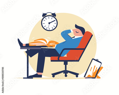 Businessman Sleeping in Office Chair with Book and Alarm Clock - Boredom, Procrastination, and Afternoon Slump Concept in Flat Minimalist Vector