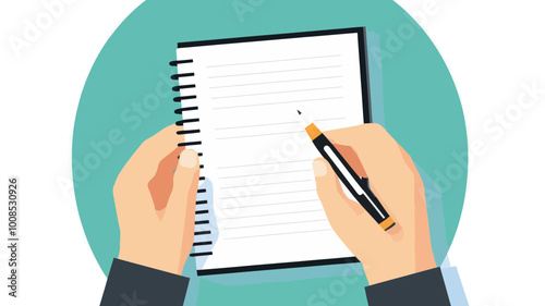 Hands Holding Notebook and Pen Vector Icon Illustration for Writing, Note Taking, Education, and Office Concepts in Modern Flat Style on Green Background