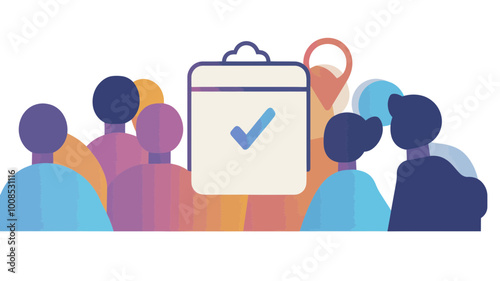 Abstract Vector Illustration of Crowd with Event Checklist Icon, Diverse Group of People Attending Organized Gathering, Meeting Planning Concept, Community Event Reminder, Colorful Group Silhouettes
