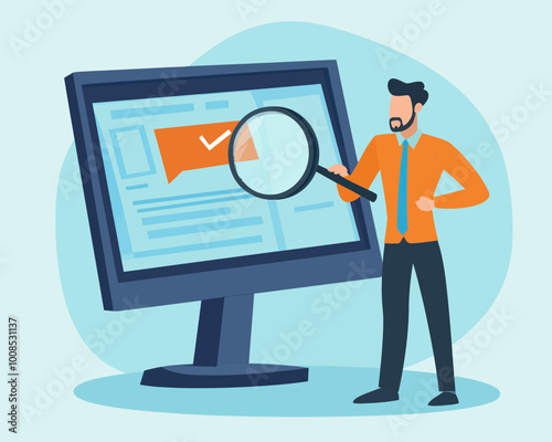 Businessman Conducting Root Cause Analysis with Magnifier on Monitor, Incident Management, Risk Identification, Problem Solving, Minimalist Flat SVG Vector