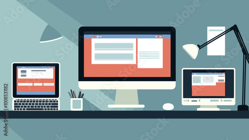 Flat Design Illustration of Responsive Web Design and Web Development with Desktop, Laptop, and Mobile Screen Display for Modern Technology and Digital Marketing Concepts