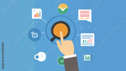 Hand Touching SEO Icon with Web Analytics Design Concept, SEO Optimization, Data Analysis, Search Engine Marketing Vector Illustration, Digital Marketing Strategy