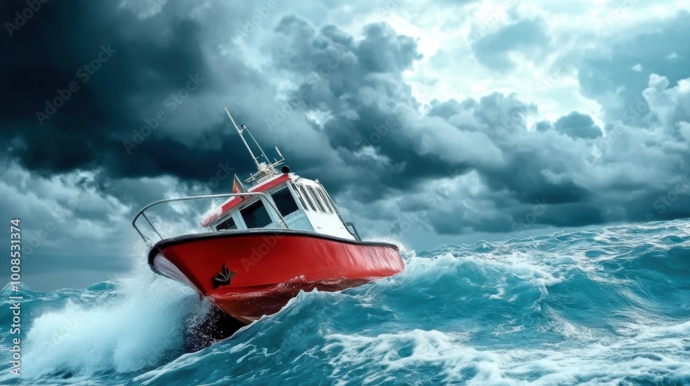 Naklejka premium Rescue Boat Navigates Stormy Ocean Waves