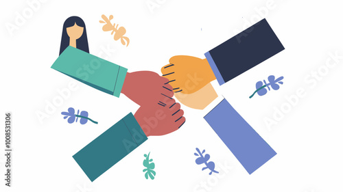 Diverse Team Unity Concept Vector - Four Hands Joining - Inclusiveness, Collaboration, Togetherness, Teamwork Illustration