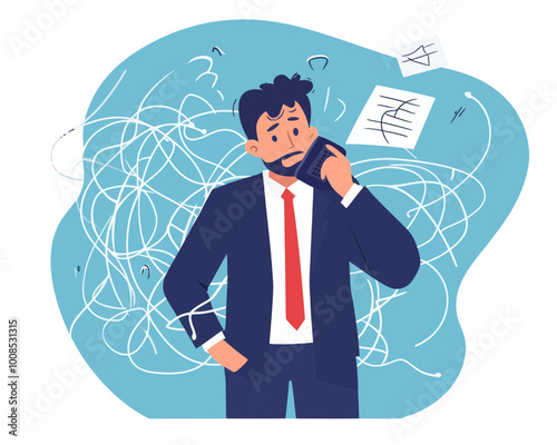 Businessman Experiencing Work Confusion and Miscommunication Due to Chaotic Telephone Lines in Flat Minimalist Vector