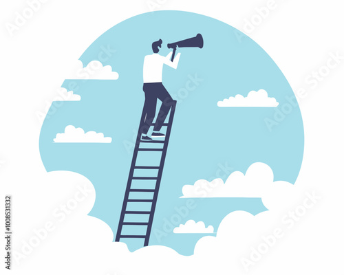 Ambitious Businessman Climbing Ladder Seeking Success with Telescope in Minimalist Flat Design Vector