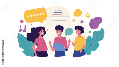 Colorful Vector Testimonial Banner with Happy People Discussing Ideas and Giving Feedback for Business Presentation or Website Header