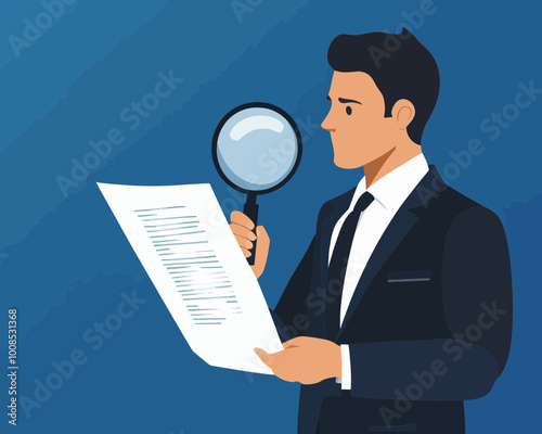 Businessman Inspecting Document with Magnifying Glass, Conducting Audit or Quality Assurance, Flat Minimalist SVG Vector Illustration