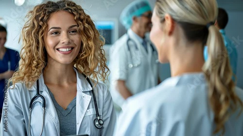 Two healthcare workers exchange smiles and discuss patient care in a hospital environment during their morning shift