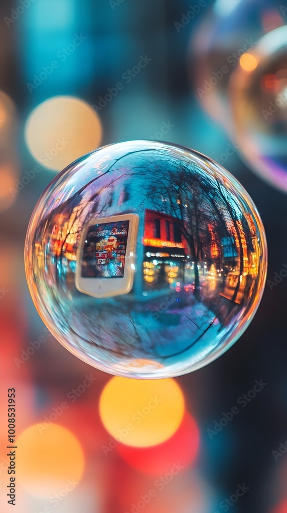 Distorted Reflection in Iridescent Soap Bubble Capturing Vibrant Cityscape Distorted Reflection in Iridescent Soap Bubble Capturing Vibrant Cityscape