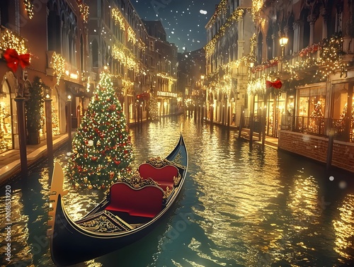 Magical Christmas Gondola Ride Through Festively Lit Canal in Winter Wonderland City