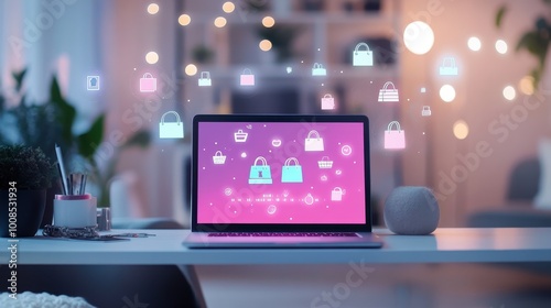 Secure Online Shopping Experience with Laptop and Lock Icons photo