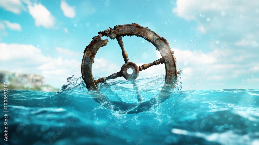 Fototapeta premium Antique Ship Wheel in Turquoise Ocean Waves