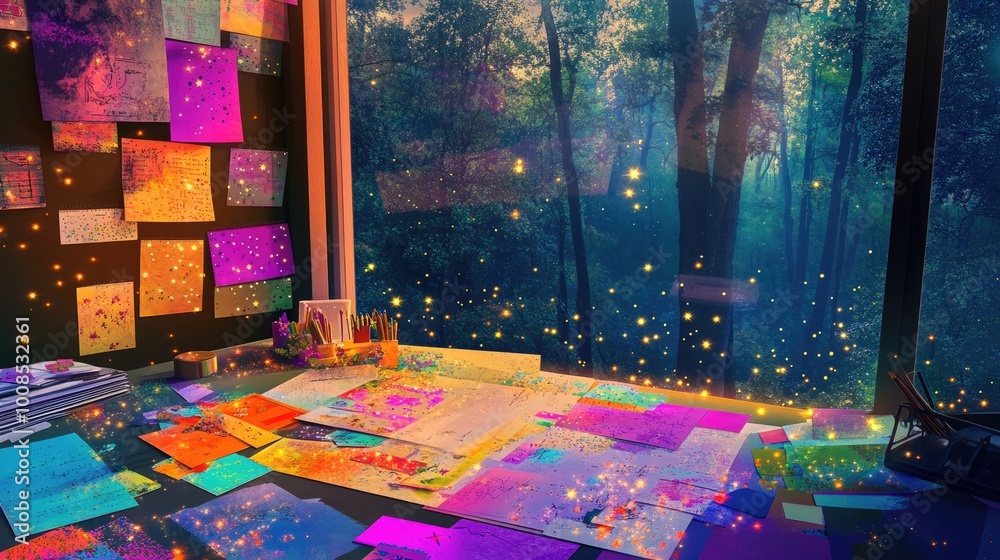 A vibrant scrapbookera??s desk with colorful papers and stickers, a window view of a forest with fireflies and shooting stars, and the soft beats of instrumental hip-hop.