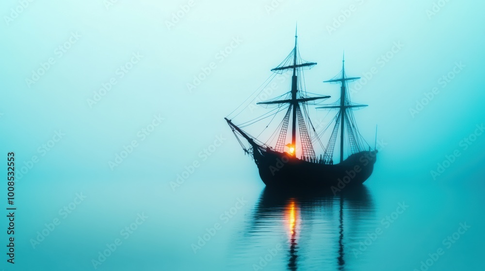 Obraz premium Mysterious Ship in Foggy Waters at Dusk