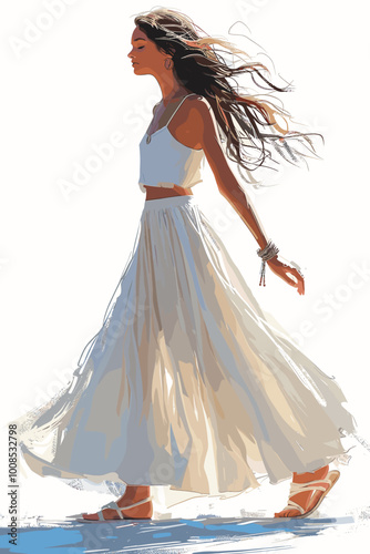 A woman in a white dress is walking on a beach. She is wearing a white skirt and a white top