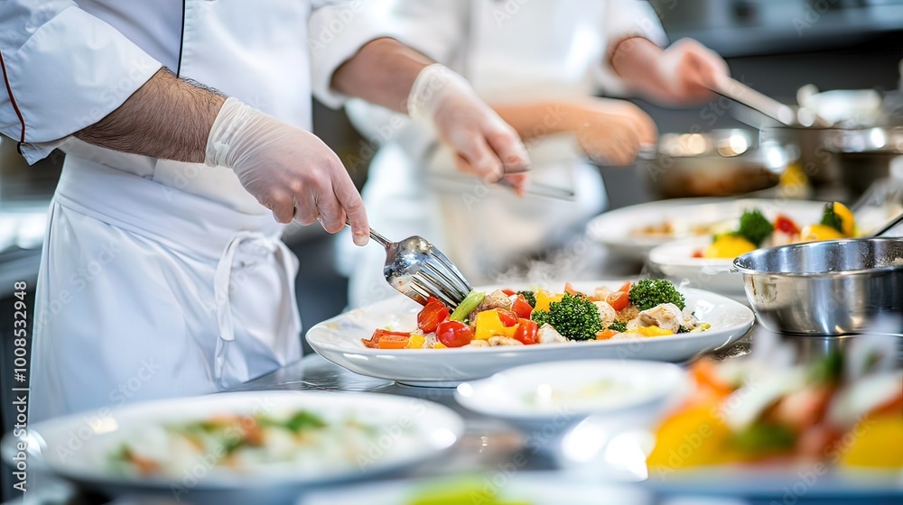 Chef Plating a Dish of Steamed Vegetables Chef Plating a Dish of Steamed Vegetables