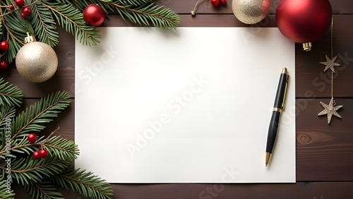 A sheet of white paper lies on the table, New Year's atmosphere, a letter to Santa Claus, mock up

