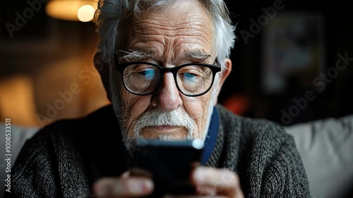 An elderly man focuses on his smartphone, absorbed in an activity during a quiet evening at home