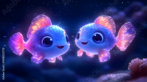 Two Cute Cartoon Fish Swim in the Ocean with Sparkling Tails, Under a Starry Sky, in a 3D Animation Video