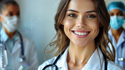 A group of health care professionals showcases their teamwork and positivity in a bright clinic environment photo