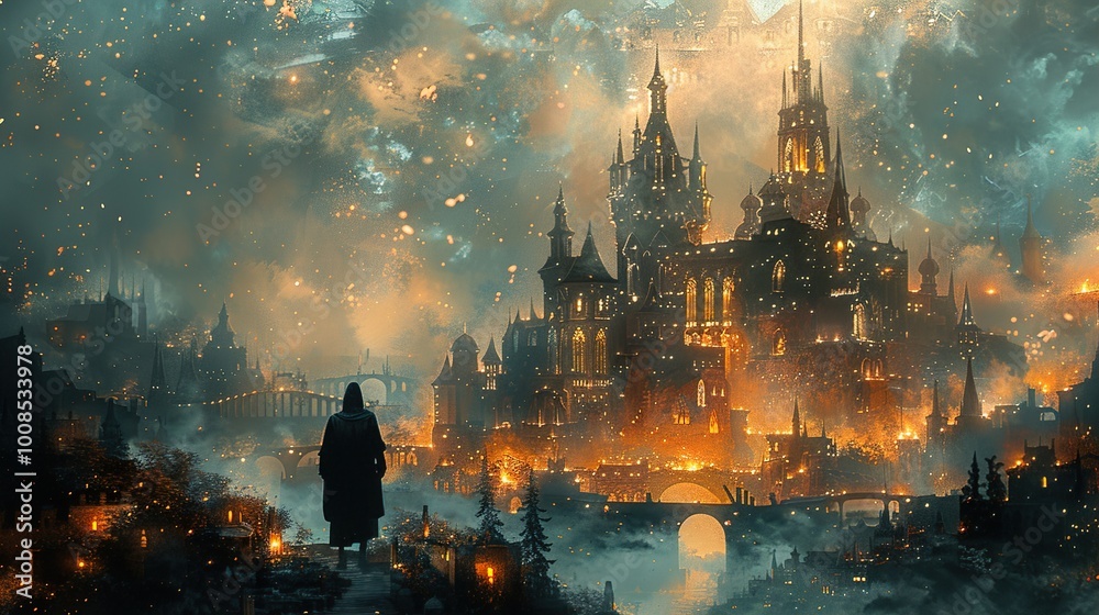 A Lonely Figure Gazes Upon a Glowing Fantasy City A Lonely Figure Gazes Upon a Glowing Fantasy City
