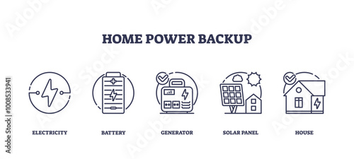 Home power backup icons outline key concepts like electricity, battery, and generator. Outline icons set