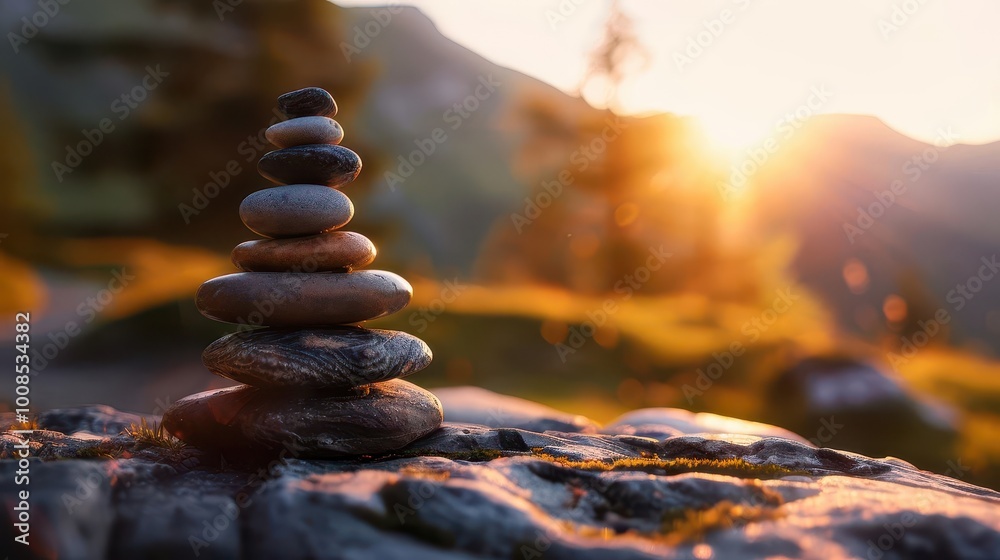 Obraz premium Rock cairn on a mountain trail, serene and symbolic, Nature, Earth tones, Photograph, Hiking detail
