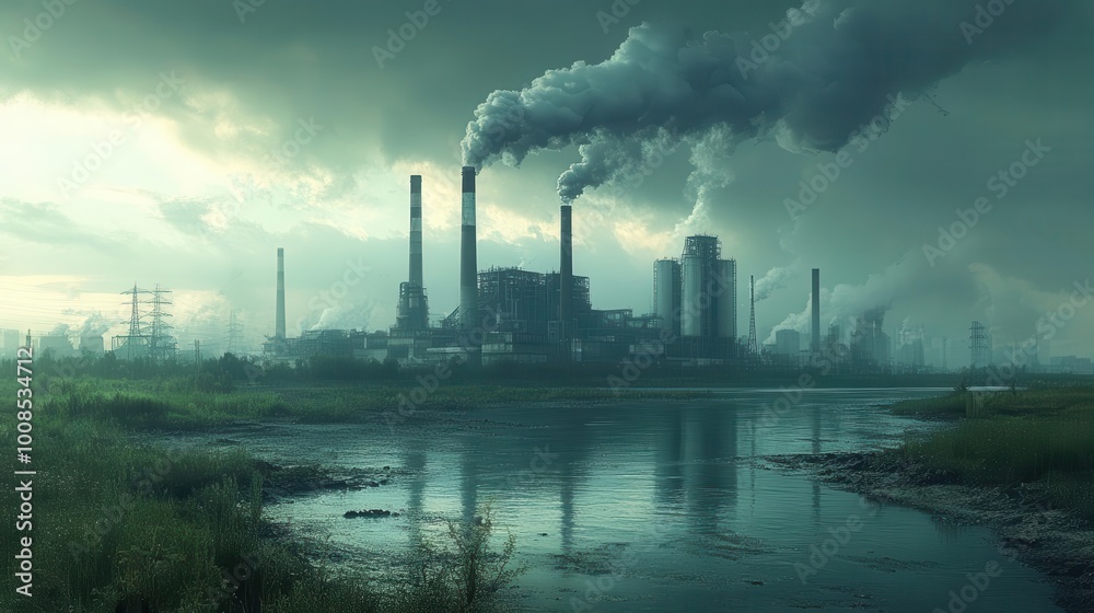a stark depiction of environmental degradation showcasing pollution waste factories emitting smoke and sprawling dumps highlighting the urgent issues of global warming and climate change a stark depiction of environmental degradation showcasing pollution waste factories emitting smoke and sprawling dumps highlighting the urgent issues of global warming and climate change