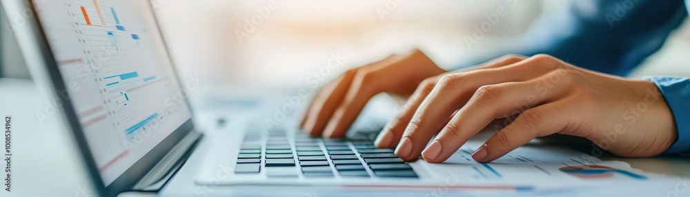 Hands typing a research hypothesis into a computer, with colorful data graphs open on a second screen, clean background, bright lighting. Hands typing a research hypothesis into a computer, with colorful data graphs open on a second screen, clean background, bright lighting.