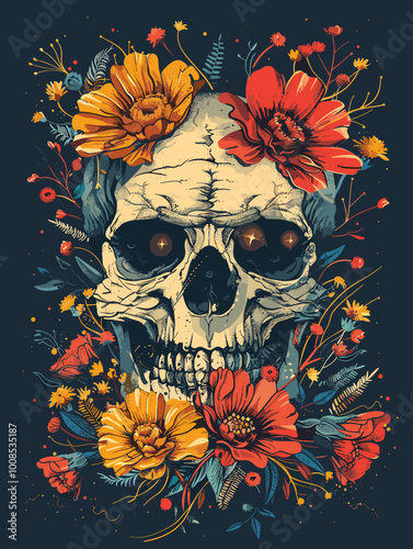 A skull with flowers surrounding it. The skull is surrounded by a variety of flowers, including daisies, roses, and sunflowers. The flowers are arranged in a way that creates a sense of harmony