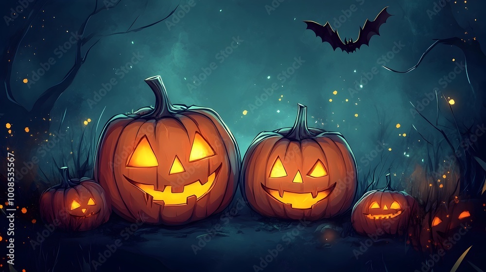 Glowing Carved Pumpkins and Bats in Spooky Moonlit Forest on Halloween Night Glowing Carved Pumpkins and Bats in Spooky Moonlit Forest on Halloween Night