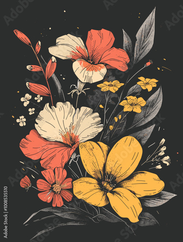 A painting of a flower bouquet with a mix of orange and yellow flowers. The painting has a vintage feel to it, with a lot of texture and brushstrokes