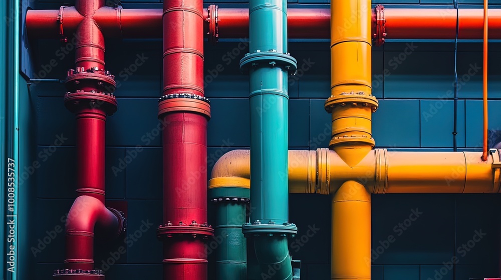 Colorful Pipes and Plumbing in Urban Setting Colorful Pipes and Plumbing in Urban Setting