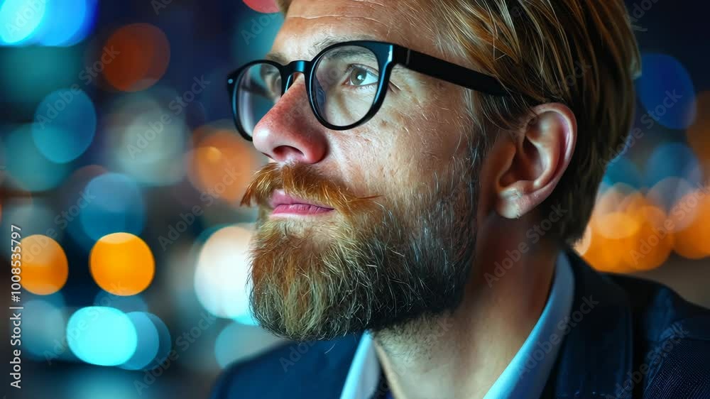 A man with glasses reflects while looking at the vibrant city lights in the evening, lost in thought and inspiration A man with glasses reflects while looking at the vibrant city lights in the evening, lost in thought and inspiration