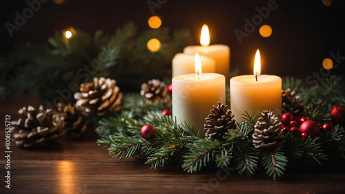 Advent Christmas wreath with burning candles. Rustic advent wreath with four yellow candles and Christmas ornaments. Religious Christian tradition