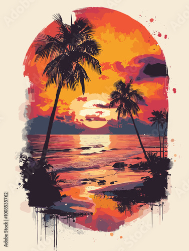 A painting of a sunset over the ocean with palm trees in the foreground. The painting has a warm, tropical feel to it, with the sun setting in the background