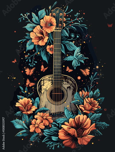 A guitar is surrounded by flowers and butterflies. The guitar is a symbol of music and creativity, while the flowers and butterflies represent the beauty and freedom of nature