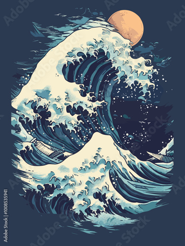 A painting of a wave with a moon in the middle. The mood of the painting is calm and peaceful