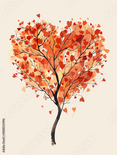 A tree with leaves that are orange and red. The tree is shaped like a heart. The leaves are falling from the tree, creating a sense of change and transition