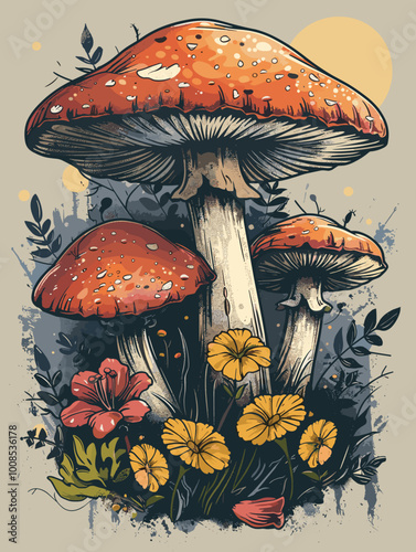 A painting of three mushrooms and flowers. The mushrooms are orange and the flowers are yellow. The painting has a peaceful and calming mood