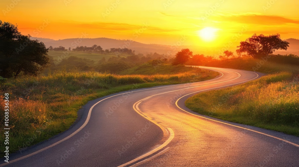 Fototapeta premium A winding road at sunset, surrounded by lush greenery and rolling hills, creating a serene and picturesque landscape.